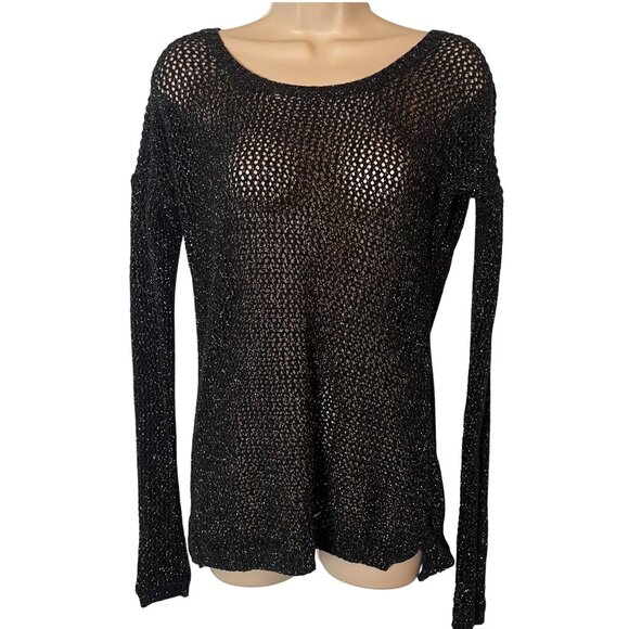 Express Women's Sweater Top M Black Silver Metallic Open Knit Holiday Party Y2K - Picture 1 of 11